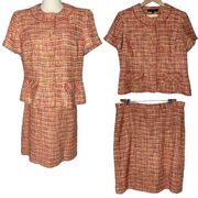 Anne Klein Suit Women's Tweed 2 Pc Skirt Set Short Sleeve Red Orange, size 14P