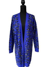 🟢 Splendid Brand Long Line Cardigan Cobalt Blue Leopard Print Sweater Cardigan