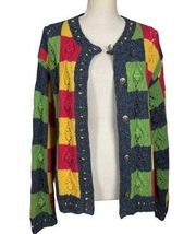 Susan Bristol Sweater Cardigan Size Large Colorful Floral Handmade Vintage 90s