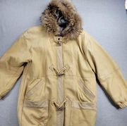 Vintage J.Percy Marvin Richards Womens Parka Coat Medium Tan Leather Fur Trim