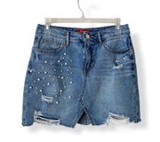 Distressed Denim Skirt With Pearl Detail, XL