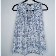 Zac & Rachel Sleeveless Blouse Tie Dye Blue & White Ruffle Neckline Size Large