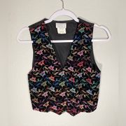 Vintage  Velvet vest medium black flower frenzy embroidered multi