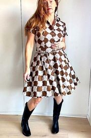 90s INC Printed Dress 50s Style KNee Length Brown Size 6 Small Fit Retro Print