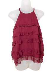 TIBI Maroon Red High Neck Silk Tank Top Ruffled Tiered Keyhole Women's Size 2