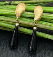 Vintage GIVENCHY Signed Brushed Gold-tone Black Teardrop Dangle Earrings 10.6g