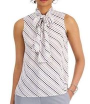 NEW NWT BAR III Striped Tie Neck Blouse Cream Ivory Purple Sleeveless Work XS