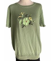 NWOT Only Necessities Med Green Embroidered Floral Short Sleeve Sweater Womens