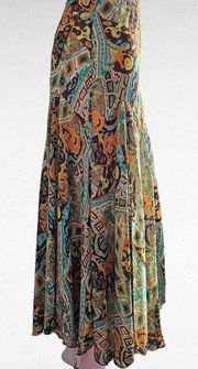 Orange & Turquiose Geo Print Godet Slip Midi Skirt Size Medium