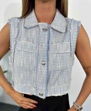 ZARA TWEED WEAVE FRAYED CROPPED TEXTURED WAISTCOAT VEST BLAZER COAT BLUE XS New