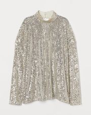 | NWOT L/XL SEQUINED TOP WITH HIGH MOCK COLLAR LONG SLEEVED SHEER BLOUSE