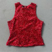 Laurence Kazar Red Sleeveless Sequin Beaded Evening Blouse Silk MEDIUM