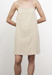 Tan Linen Faux Pearl Square Neck Mini Dress NWT 14