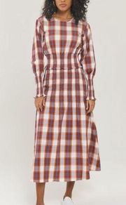 NWT Something Navy sz S Blanche Red Plaid Long Sleeve Smocked Cotton Midi Dress