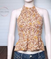 Patrons of Peace Floral Smocked Halter Top Brown Yellow Cream Cropped Size XS