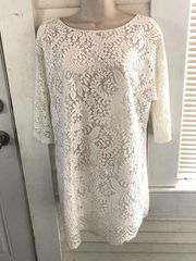 Badgley Mischka white lace sheath dress 3/4 sleeve semi sheer