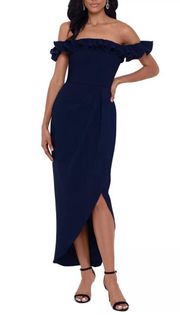 Women's Formal Dress Size 6 Blue Crepe Off the Shoulder Evening Gown