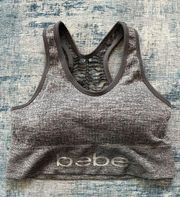 Bebe Heathered Gray Ribbed Knit Athletic Sports Bra w Cut Outs Large