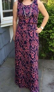 navy and pink abstract print maxi dress size medium