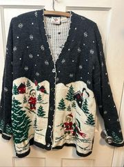 Vintage Nutcracker Ugly Sweater Knit Cardigan Teddy Bear Skiing Size Large