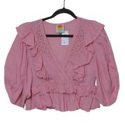 Farm Rio Puff-sleeve Ruffle Cotton Blouse In Pink – Size M– NWT