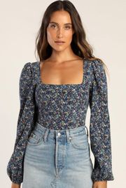 Floral Corduroy Ballon Sleeve Crop Top