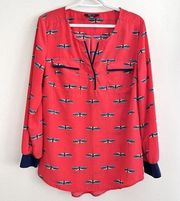 STYLE & CO Red Vermillion Dragonfly Lightweight Blouse ~ Size Medium