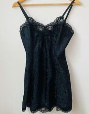 Vintage Victoria Secret Black Satin Chemise Slip Lingerie Lace Trim