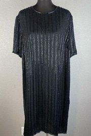 Lane Bryant Collection Womens Beaded Shift Dress 22 Black 100% Silk Short Sleeve