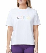 Women’s 𝅺Fila white t shirt with multi color logo