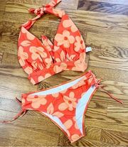 Cider Orange Floral Print Halter Neck Two Piece Bikini Size Large NEW Retro