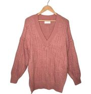 New Lucky Brand V Neck Oversized Cable Knit Tunic Sweater Pink Womens M