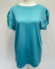 NEW Claudia G Jasmine Lace Top Teal Flutter Lace Cap Sleeve Knit Crewneck Top M