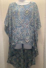 Ivy Jane Blue Floral Blouse High Low Sheer Semi-Open Back Sz Small EUC