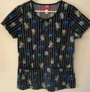 Betsey Johnson Short Sleeve Black Striped Floral Scrubs Top Women's Sz Medium