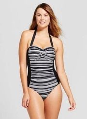 Womens Merona Black and White Striped Sweetheart Neckline One Piece Swimsuit M