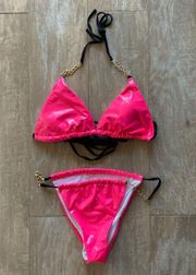 Pink vinyl hot pink gold chain adjustable bikini set M NEW