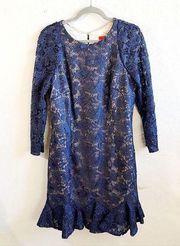 Monique Lhuillier Dress Lined Navy Blue Lace Long Sleeve Ruffle EUC 10 *See Dsx*