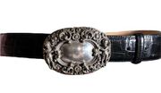 BRIGHTON Vintage Women's Black Belt Embossed Leather, 1995 cherub belt buckle.