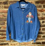 Natural Impressions Denim Jean Scarecrow Embroidered Button Down Top Size Medium