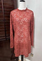 Open Edit Shift Dress Women's 1X Plus Red Floral Stretch Mini Long Sleeve New