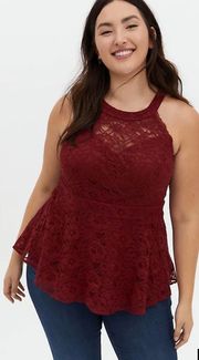 Red All Over Lace High Neck Peplum Top