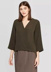 New Prologue 3/4 Sleeve Wrap Woven Shirt Blouse Top Womens Career Dress Boxy XS