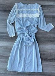 Gunne Sax Jessica Prairie Dress Size 3 Blue Bib Lace Sheer McClintock USA L3