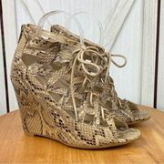 Bamboo Royce Snake Print Lace Up Cage Wedge Shoes Tan Brown 7.5 Peep Toe