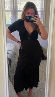 NWT  Black Smocked Puff Sleeve Cutout Midi Dress