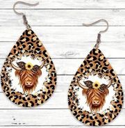 Heart Diamond Shop Brown Animal Print Highland Cow Sunflower Leopard Faux Leather Dangle Earrings