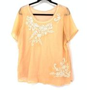 Soft Surroundings T-Shirt Women's Size Medium Chiffon Front Embroidered Orange