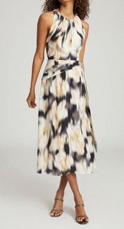 REISS Gisele Smudge-Print Midi Dress Ecru Brown Black Twist Back Women’s Size 10