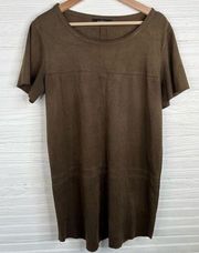 Faux Sued Short Sleeve Shift Dress Green Brown Size Large